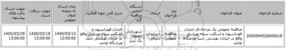 مناقصه عمومی یک مرحله ای احداث فونداسیون و اسکلت سوله ورزشی واقع در خیابان بهشتی جنب ورزشگاه توحید