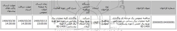 مناقصه عمومی یک مرحله ای واگذاری کلیه عملیات برق رسانی در حوزه امور توزیع برق املش (حوزه روستایی) 1400-82