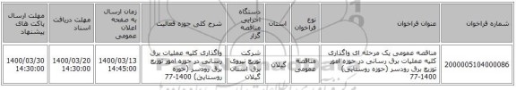 مناقصه عمومی یک مرحله ای واگذاری کلیه عملیات برق رسانی در حوزه امور توزیع برق رودسر (حوزه روستایی) 1400-77