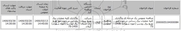 مناقصه عمومی یک مرحله ای واگذاری کلیه عملیات برق رسانی در حوزه امور توزیع برق رودسر (حوزه شهری) 1400-75