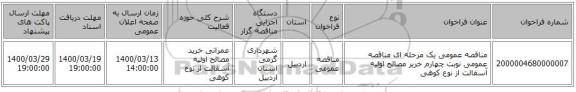 مناقصه عمومی یک مرحله ای مناقصه عمومی نوبت چهارم خریر مصالح اولیه آسفالت از نوع کوهی