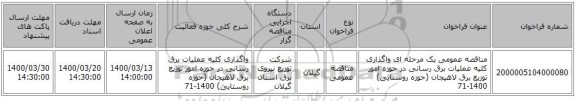 مناقصه عمومی یک مرحله ای واگذاری کلیه عملیات برق رسانی در حوزه امور توزیع برق لاهیجان (حوزه روستایی) 1400-71