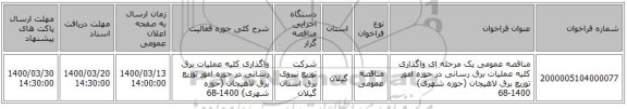 مناقصه عمومی یک مرحله ای واگذاری کلیه عملیات برق رسانی در حوزه امور توزیع برق لاهیجان (حوزه شهری) 1400-68