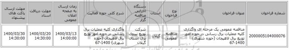 مناقصه عمومی یک مرحله ای واگذاری کلیه عملیات برق رسانی در حوزه امور توزیع برق لاهیجان (حوزه شهری) 1400-67