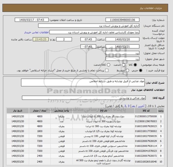 استعلام مواد غذایی از قبیل نوشابه و طبق شرایط اعلامی