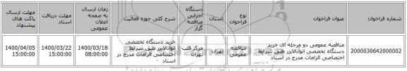 مناقصه عمومی دو مرحله ای خرید دستگاه تخصصی اتوآنالایزر طبق شرایط اختصاصی الزامات مدرج در اسناد 