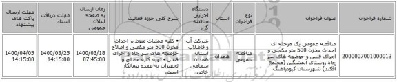 مناقصه عمومی یک مرحله ای احداث مخزن 500 متر مکعبی و اجرای فنس و حوضچه های سر چاه روستای آبمشگین (مجتمع آقکند)  شهرستان کبودراهنگ 