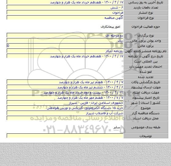 خرید ۱۵ دستگاه الکتروموتور، گیربکس و توربین هوادهی