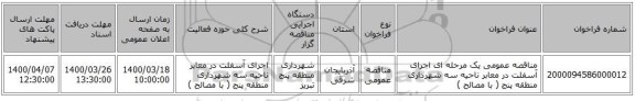 مناقصه عمومی یک مرحله ای  اجرای آسفلت در معابر ناحیه سه شهرداری منطقه پنج ( با مصالح ) 