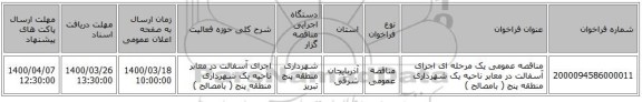 مناقصه عمومی یک مرحله ای  اجرای آسفالت در معابر ناحیه یک شهرداری منطقه پنج ( بامصالح )