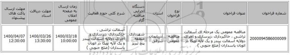 مناقصه عمومی یک مرحله ای آسفالت تراشی ، خاکبرداری ،زیرسازی و اجرای دولایه آسفالت بیندر و یک لایه توپکا در اتوبان پاسداران (ضلع جنوبی  )