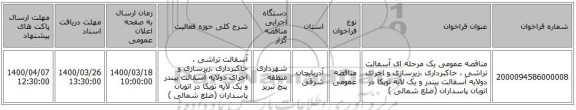 مناقصه عمومی یک مرحله ای آسفالت تراشی ، خاکبرداری ،زیرسازی و اجرای دولایه آسفالت بیندر و یک لایه توپکا در اتوبان پاسداران (ضلع شمالی )