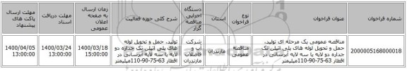 مناقصه عمومی یک مرحله ای تولید، حمل و تحویل لوله های پلی اتیلن تک جداره دو لایه یا سه لایه آبرسانی در اقطار 63-75-90-110میلیمتر