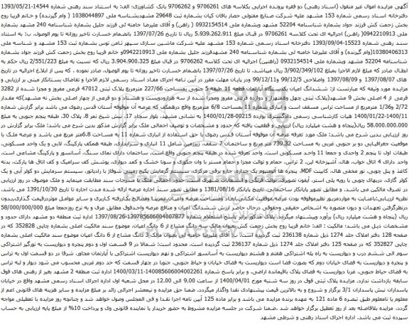 آگهی مزایده ششدانگ اعیان یکدستگاه آپارتمان قطعه 11 طبقه 5 جنوبی بمساحت 227/66 مترمربع 