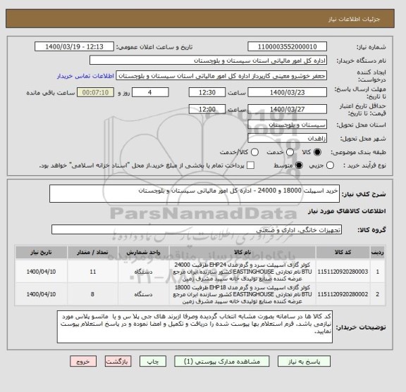 استعلام خرید اسپیلت 18000 و 24000 - اداره کل امور مالیاتی سیستان و بلوچستان