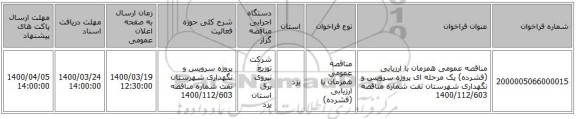 مناقصه عمومی همزمان با ارزیابی (فشرده) یک مرحله ای پروژه سرویس و نگهداری شهرستان تفت شماره مناقصه 1400/112/603