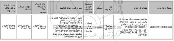 مناقصه عمومی یک مرحله ای تولید، حمل و تحویل لوله های پلی اتیلن آبرسانی در اقطار (PE80)63-(PE80)75- (PE80)90- (PE100)110-(PE100)125-(PE100)160- (PE100)