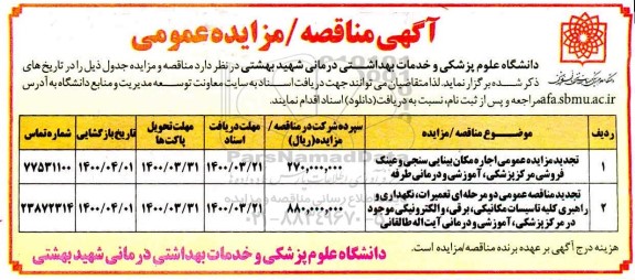 مزایده عمومی، مزایده عمومی اجاره مکان بینایی سنجی و عینک فروشی 