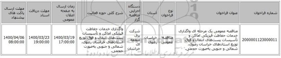 مناقصه عمومی یک مرحله ای واگذاری خدمات حفاظت فیزیکی اماکن و تأسیسات پست‌های انتقال و فوق توزیع استان‌های خراسان رضوی، شمالی و جنوبی به‌صورت حجمی.