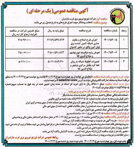 مناقصه ، مناقصه اجرای طرح اصلاح و مقاوم سازی  شبکه تامین کننده برق - نوبت دوم