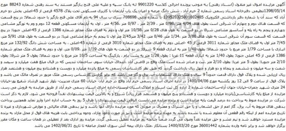 آگهی مزایده شش دانگ عرصه و اعیان یک باب آپارتمان با کاربری مسکونی تحت پلاک 4578 فرعی از 45-اصلی