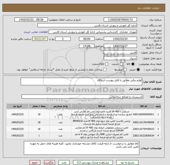 استعلام لوازم برقی مطابق با فایل پیوست اردوگاه