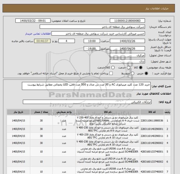 استعلام خرید 120 عدد کلید مینیاتوری AC و 30 عدد بی متال و 500 عدد لامپ LED یخچالی مطابق شرایط پیوست