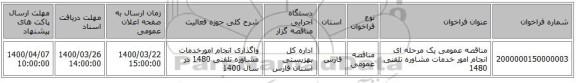 مناقصه عمومی یک مرحله ای انجام امور خدمات مشاوره تلفنی 1480