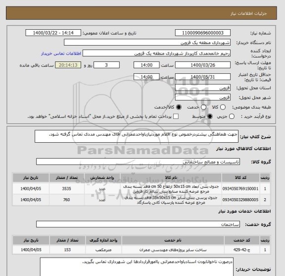 استعلام جهت هماهنگی بیشتردرخصوص نوع اقلام موردنیازباواحدعمرانی آقای مهندس مددی تماس گرفته شود.