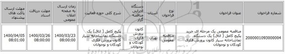 مناقصه عمومی یک مرحله ای خرید پکیج کامل ( اتاق) یک دستگاه تماشاخانه سیار کانون پرورش فکری کودکان و نوجوانان