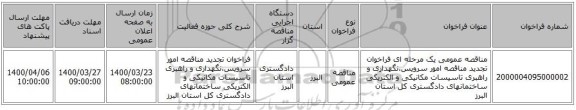 مناقصه عمومی یک مرحله ای فراخوان تجدید مناقصه امور سرویس،نگهداری و راهبری تاسیسات مکانیکی و الکتریکی ساختمانهای دادگستری کل استان البرز