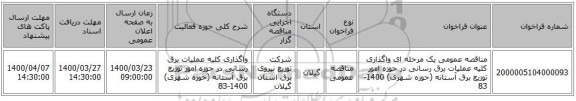 مناقصه عمومی یک مرحله ای واگذاری کلیه عملیات برق رسانی در حوزه امور توزیع برق آستانه (حوزه شهری) 1400-83