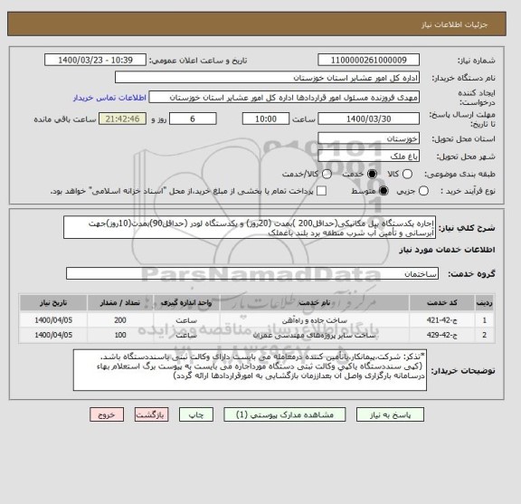 استعلام اجاره یکدستگاه بیل مکانیکی(حداقل200 )بمدت (20روز) و یکدستگاه لودر (حداقل90)بمدت(10روز)جهت آبرسانی و تأمین آب شرب منطقه برد بلند باغملک 