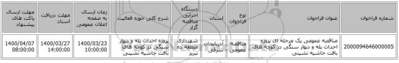 مناقصه عمومی یک مرحله ای پروژه احداث پله و دیوار سنگی در کوچه های بافت حاشیه نشینی