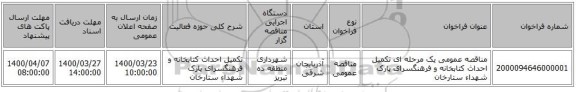 مناقصه عمومی یک مرحله ای تکمیل احداث کتابخانه و فرهنگسرای پارک شهداء ستارخان