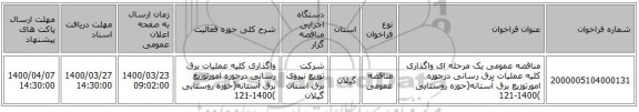 مناقصه عمومی یک مرحله ای واگذاری کلیه عملیات برق رسانی درحوزه امورتوزیع برق آستانه(حوزه روستایی )1400-121 