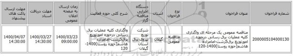 مناقصه عمومی یک مرحله ای واگذاری کلیه عملیات برق رسانی درحوزه امورتوزیع برق5رشت-امامزاده هاشم(حوزه روستا)1400-120