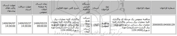 مناقصه عمومی یک مرحله ای واگذاری کلیه عملیات برق رسانی واگذاری کلیه عملیات برق رسانی درحوزه امورتوزیع برق 5رشت-خشکبیجار(حوزه شهری)1400-119