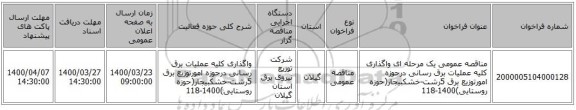 مناقصه عمومی یک مرحله ای واگذاری کلیه عملیات برق رسانی درحوزه امورتوزیع برق 5رشت-خشکبیجار(حوزه روستایی)1400-118