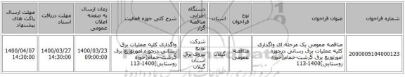 مناقصه عمومی یک مرحله ای واگذاری کلیه عملیات برق رسانی درحوزه امورتوزیع برق 5رشت-خمام(حوزه روستایی)1400-113