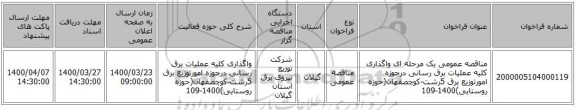 مناقصه عمومی یک مرحله ای واگذاری کلیه عملیات برق رسانی درحوزه امورتوزیع برق 5رشت-کوچصفهان(حوزه روستایی)1400-109