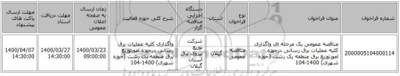 مناقصه عمومی یک مرحله ای واگذاری کلیه عملیات برق رسانی درحوزه امورتوزیع برق منطقه یک رشت (حوزه شهری) 1400-104 