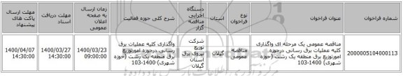 مناقصه عمومی یک مرحله ای واگذاری کلیه عملیات برق رسانی درحوزه امورتوزیع برق منطقه یک رشت (حوزه شهری) 1400-103 