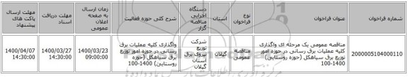 مناقصه عمومی یک مرحله ای واگذاری کلیه عملیات برق رسانی در حوزه امور توزیع برق سیاهکل (حوزه روستایی) 1400-100