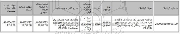 مناقصه عمومی یک مرحله ای واگذاری کلیه عملیات برق رسانی در حوزه امور توزیع برق سیاهکل (حوزه روستایی) 1400-99