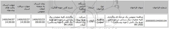 مناقصه عمومی یک مرحله ای واگذاری کلیه عملیات برق رسانی در حوزه امور توزیع برق تالش (حوزه روستایی) 1400-94