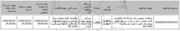 مناقصه عمومی یک مرحله ای واگذاری کلیه عملیات برق رسانی در حوزه امور توزیع برق تالش (حوزه روستایی) 1400-93