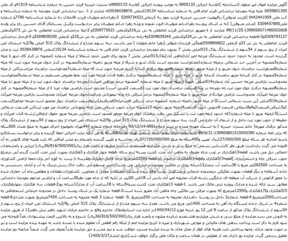 آگهی مزایده ششدانگ پلاک 515 اصلی و2/9به استثنای ثمن اعیان از پنج سهم از 54سهم از ششدانگ 