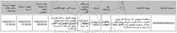 مناقصه عمومی یک مرحله ای پروژه تکمیل ساماندهی و تعریض پیاده راه خیابان شهریار ولیعصر (حد فاصل چهار راه رازی تا مدرسه آزادگان)