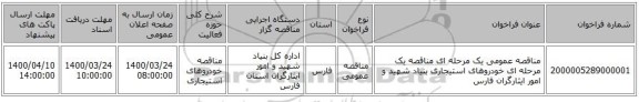 مناقصه عمومی یک مرحله ای مناقصه یک مرحله ای خودروهای استیجاری بنیاد شهید و امور ایثارگران فارس 